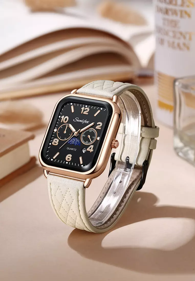 Jam Tangan Wanita Korean Kasual Mode Tali Kulit Kuarsa Jam Tangan Cewek Original whiteblack