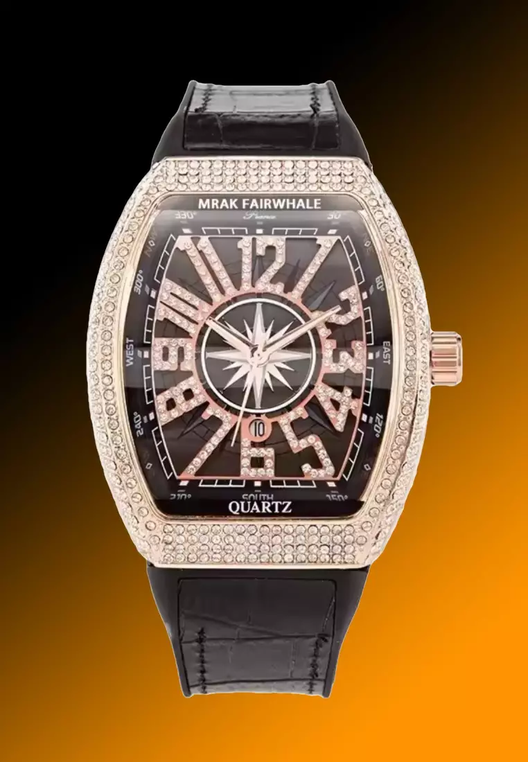 中性款酒桶形石英表，44毫米，黑色表盘，皮革表带