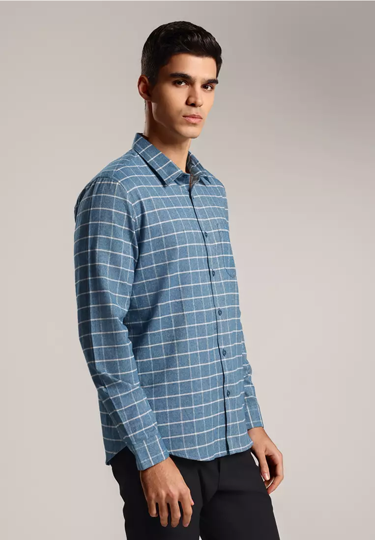 MOC - Kemeja Kotak-kotak Pria Lengan Panjang Spencer - Blue