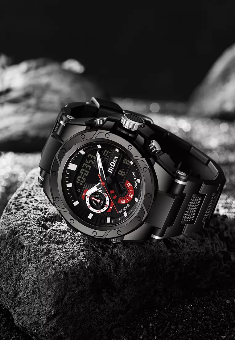 Jam Tangan Pria Anit Air Digital Analog Olahraga Bercahaya Multifungsi Tali Silikon Jam Tangan Cowok Original merah