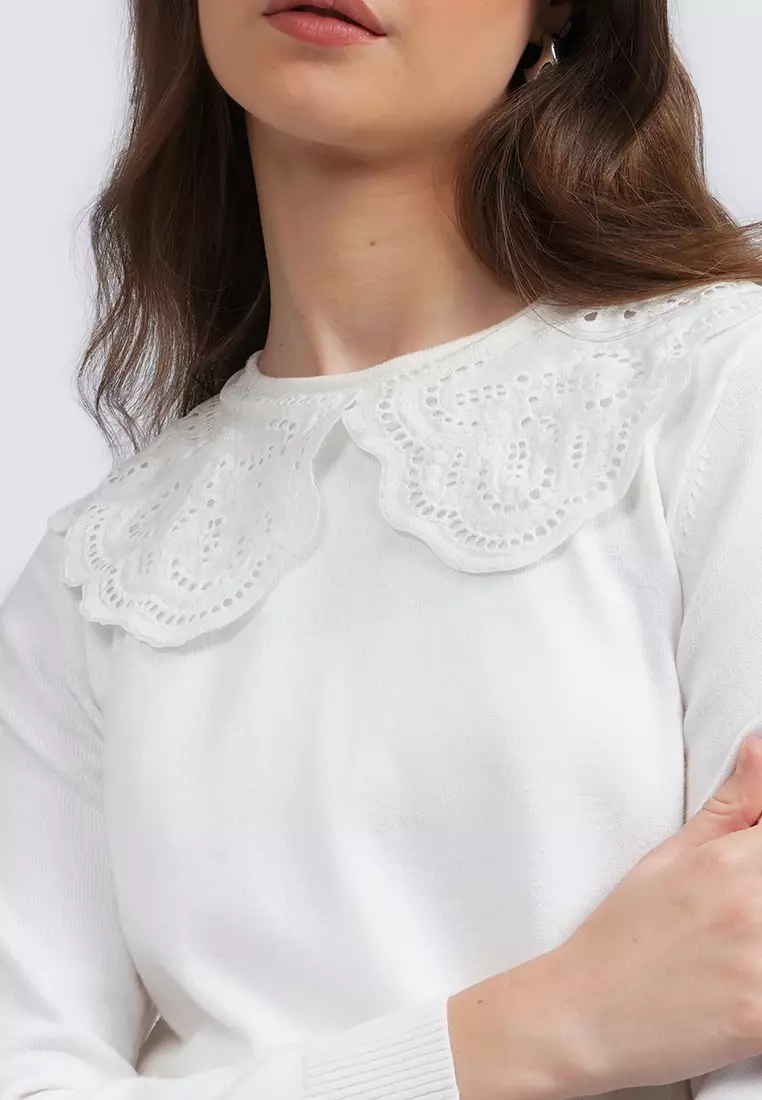 Long Sleeve Sweater with Collar Detail ECRU