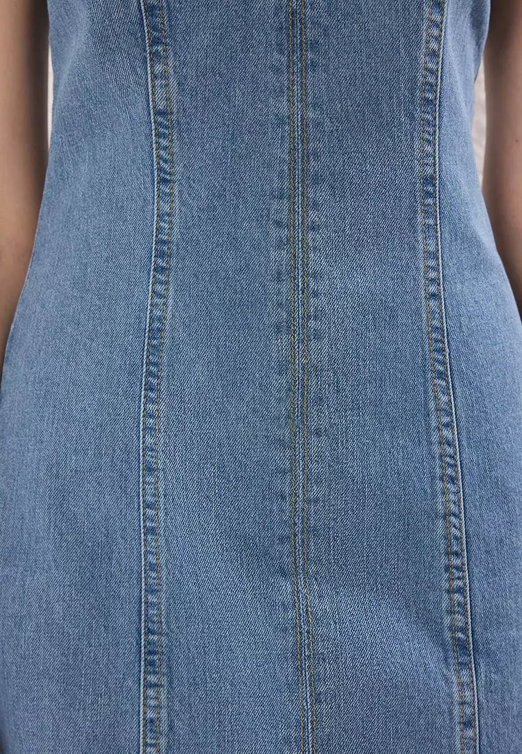 Blue V Neck Mini Denim Dress Twoss25El00151