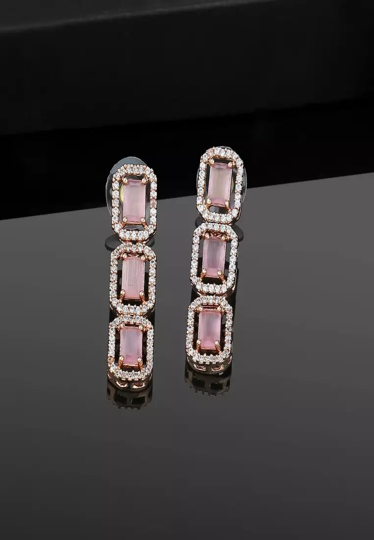 Estele Rose Gold Plated CZ Ossum Octagon Earrings With Mint Pink Crystals For Women