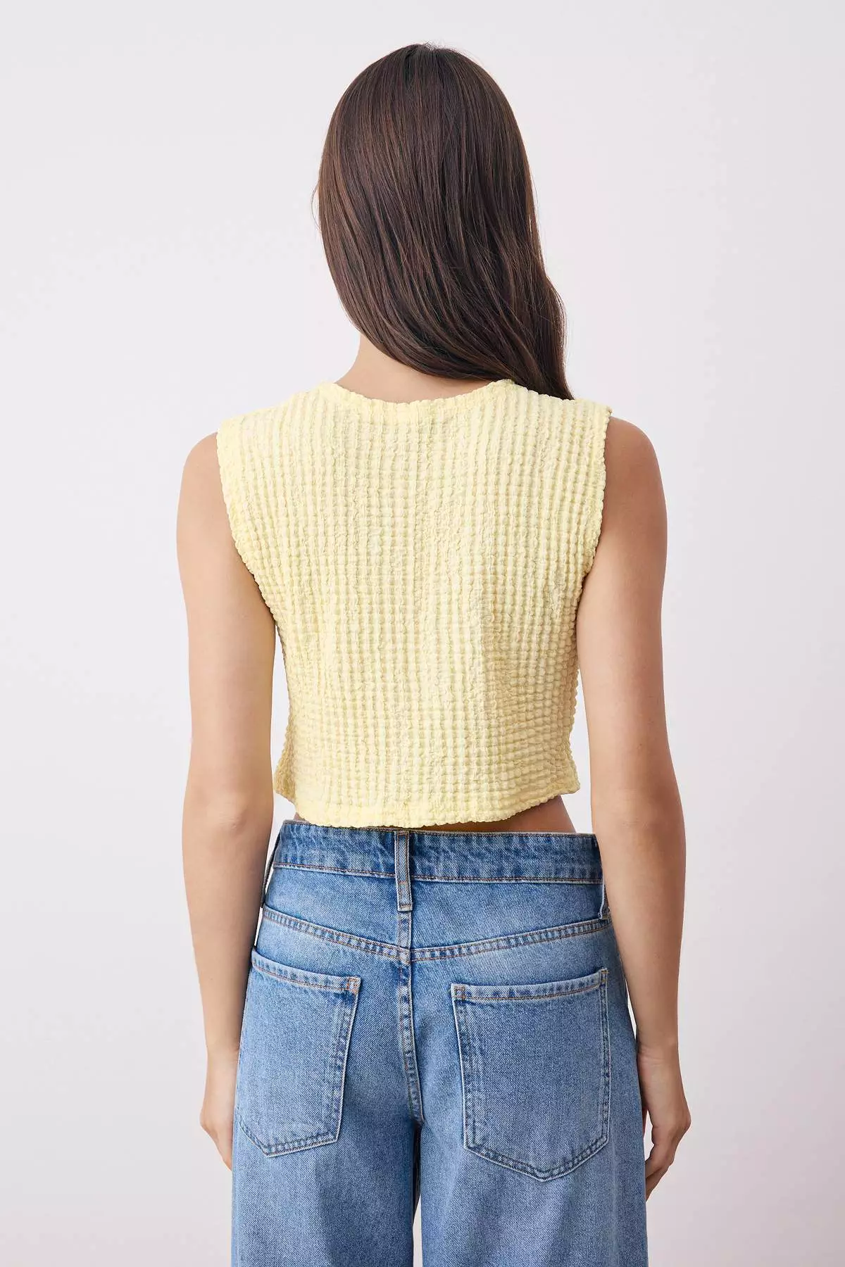 Yellow Textured Buttoned Fitted Crop Flexible Knit Blouse Vest