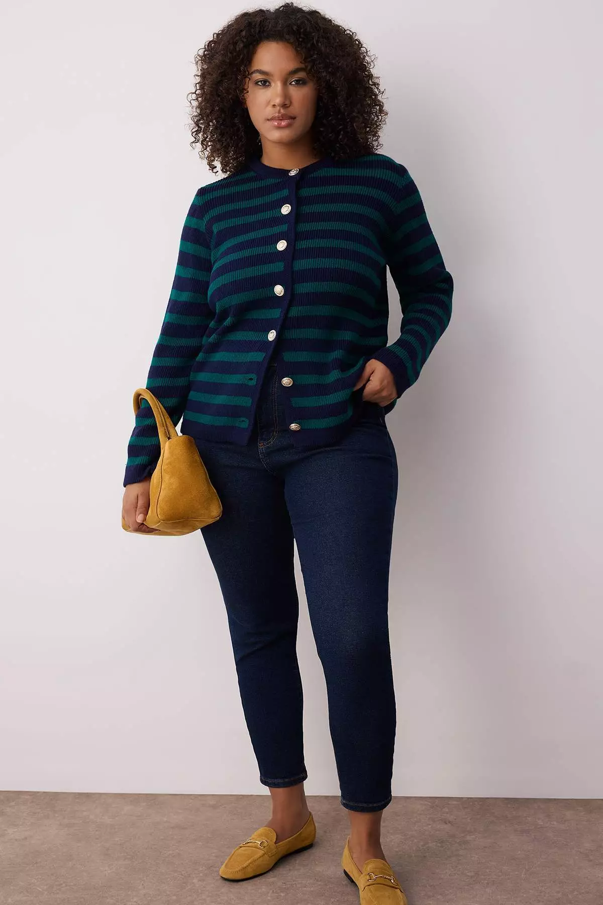 Navy-Green Striped Jacket Look Knitwear Cardigan Tbbaw24Av00011