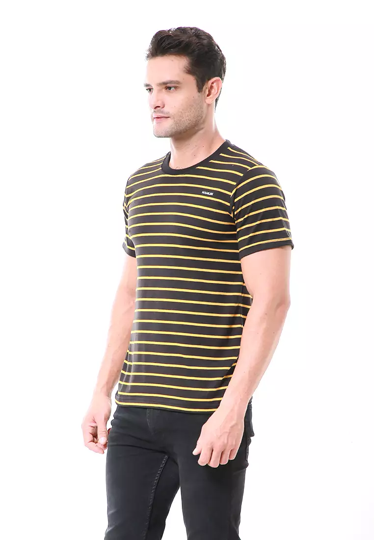 Aisley Kaos Pria Lengan Pendek Sweatshirt Kasual Stripe Motive Material Cotton ORIGINAL - Gold