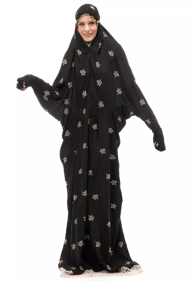 Sabrina Mukena Terusan Motif Simple Muslimah Wanita Relaxed Fit - Black
