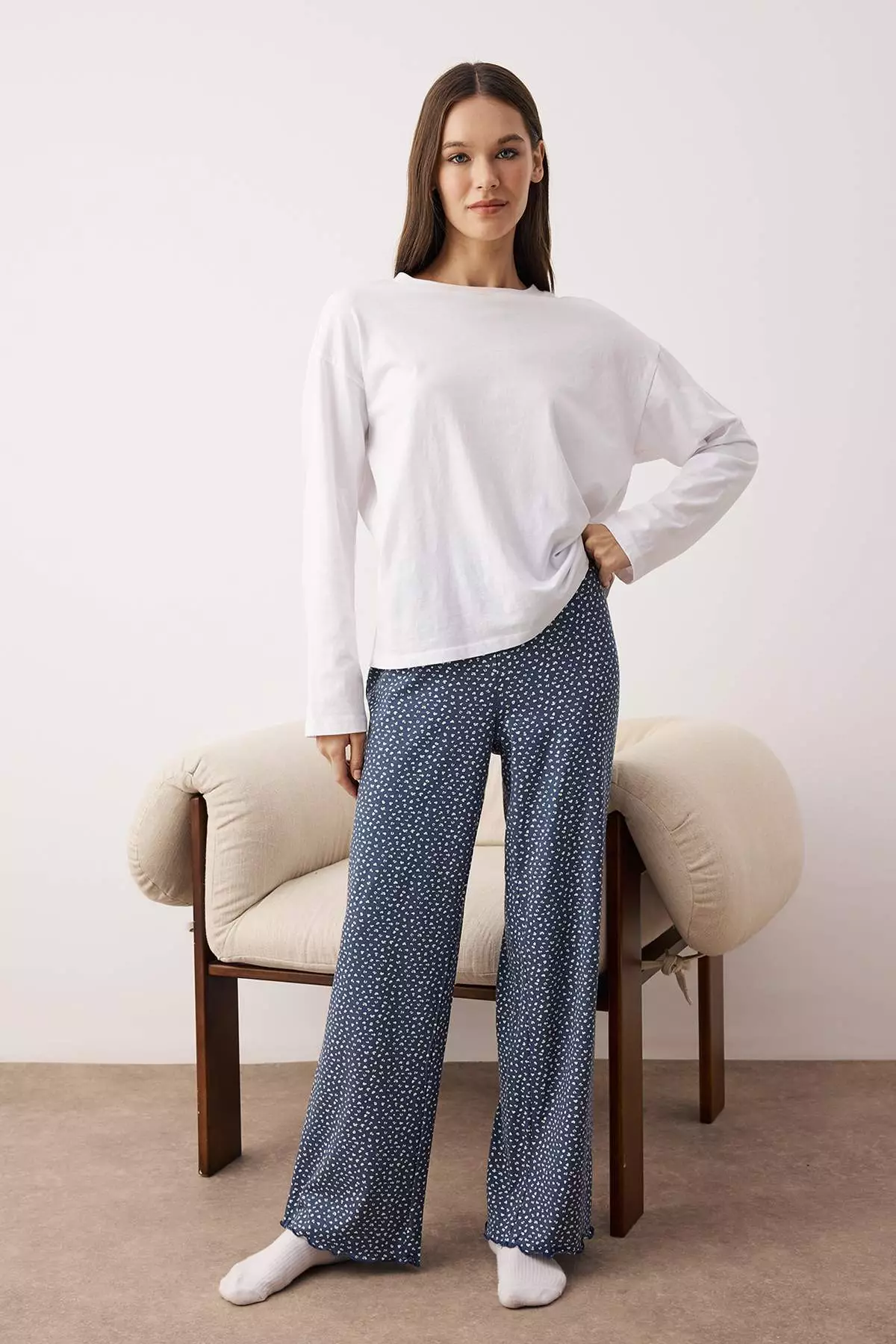 Navy Blue-White 2-Pack Floral Cotton Lycra Jersey Knitted Pajama Bottoms