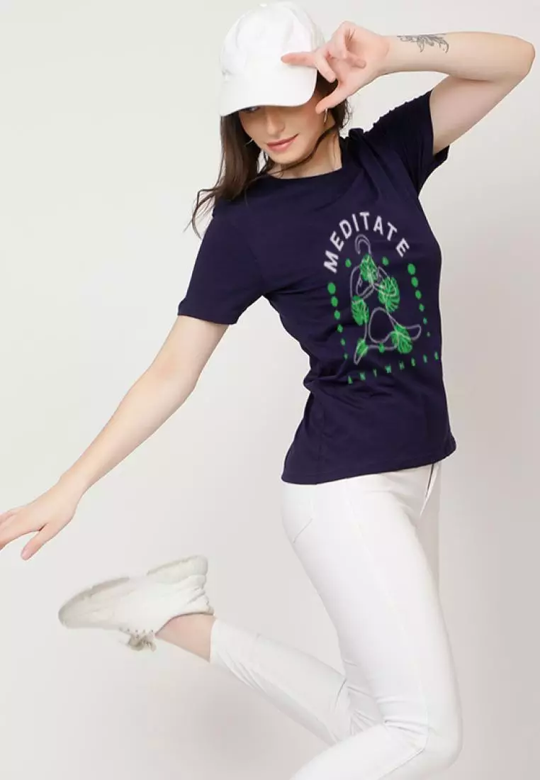 Meditate Anywhere Relaxed Short Sleeve Stylish Navy Blue Cotton Casual Graphic Print Tee/TShirt