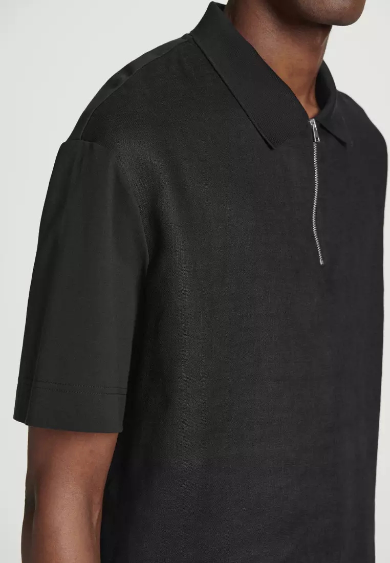 CONTRAST-PANEL LINEN HALF-ZIP POLO SHIRT