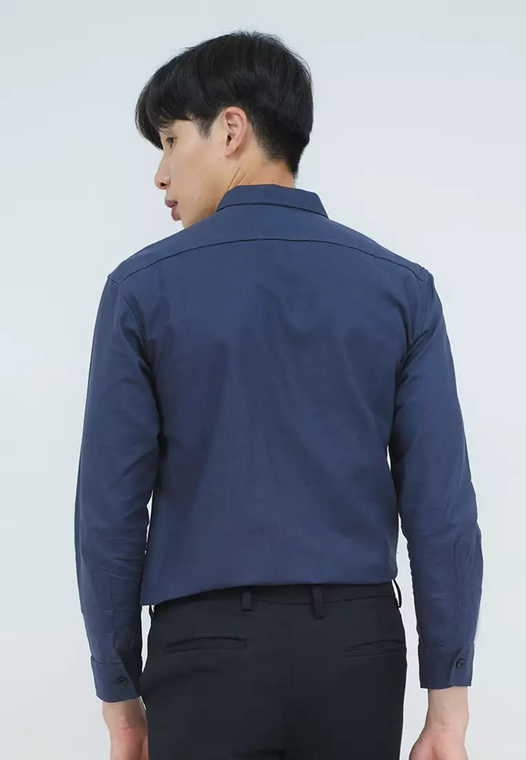 Kemeja lengan panjang pria formal slim fit dark navy houseofcuff
