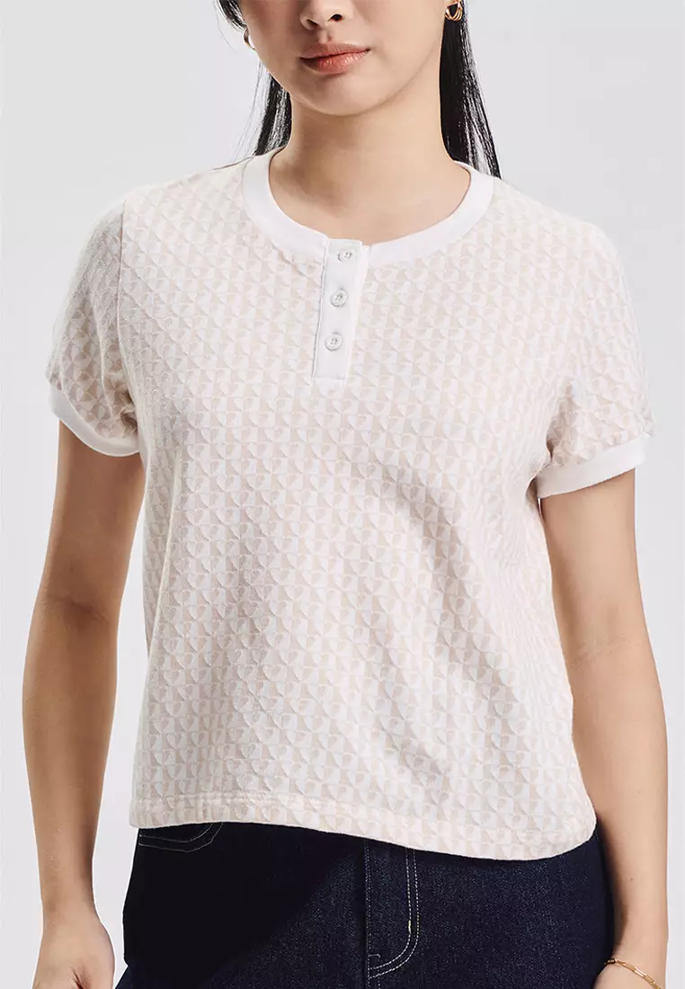 Hearts Print Henley Jacquard Top