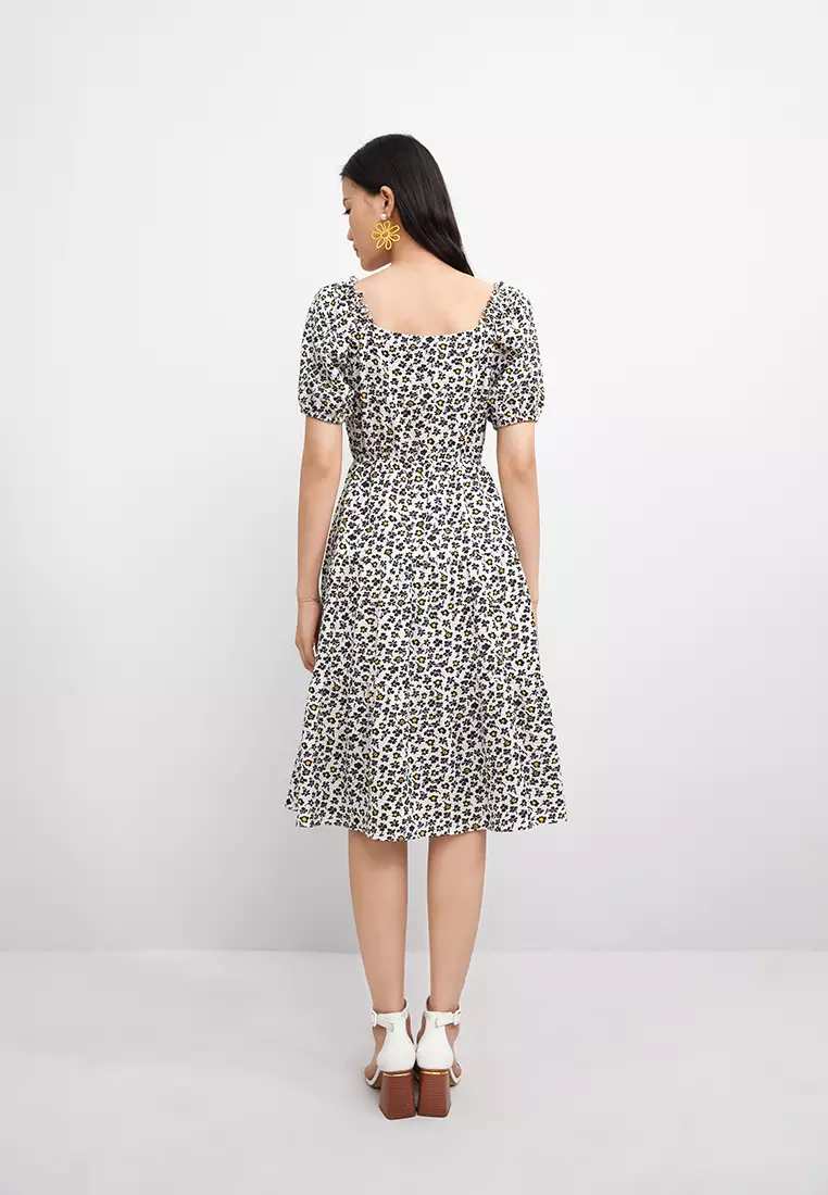 Square Collar Flare Floral Midi Dress