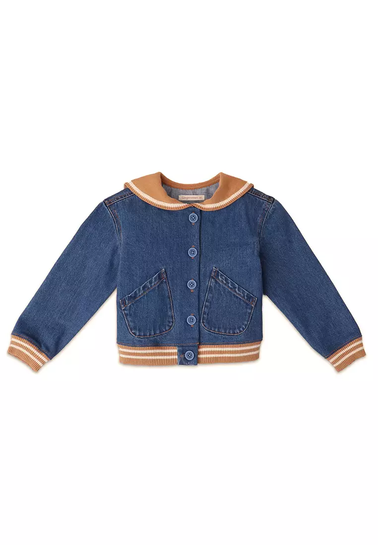 Girls Sailor Ribbed Collar Denim Jacket With Stripey Ribbed Cuffs And Hem