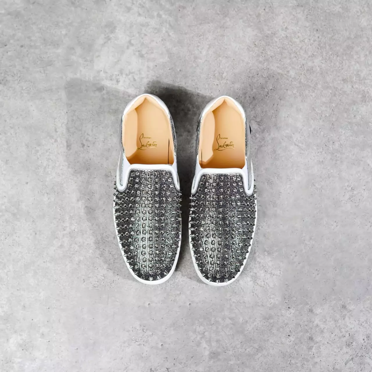 Sepatu CHRISTIAN LOUBOUTIN SAILOR BOAT SPIKE SILVER WHITE SLIP ON 100% ORIGINAL