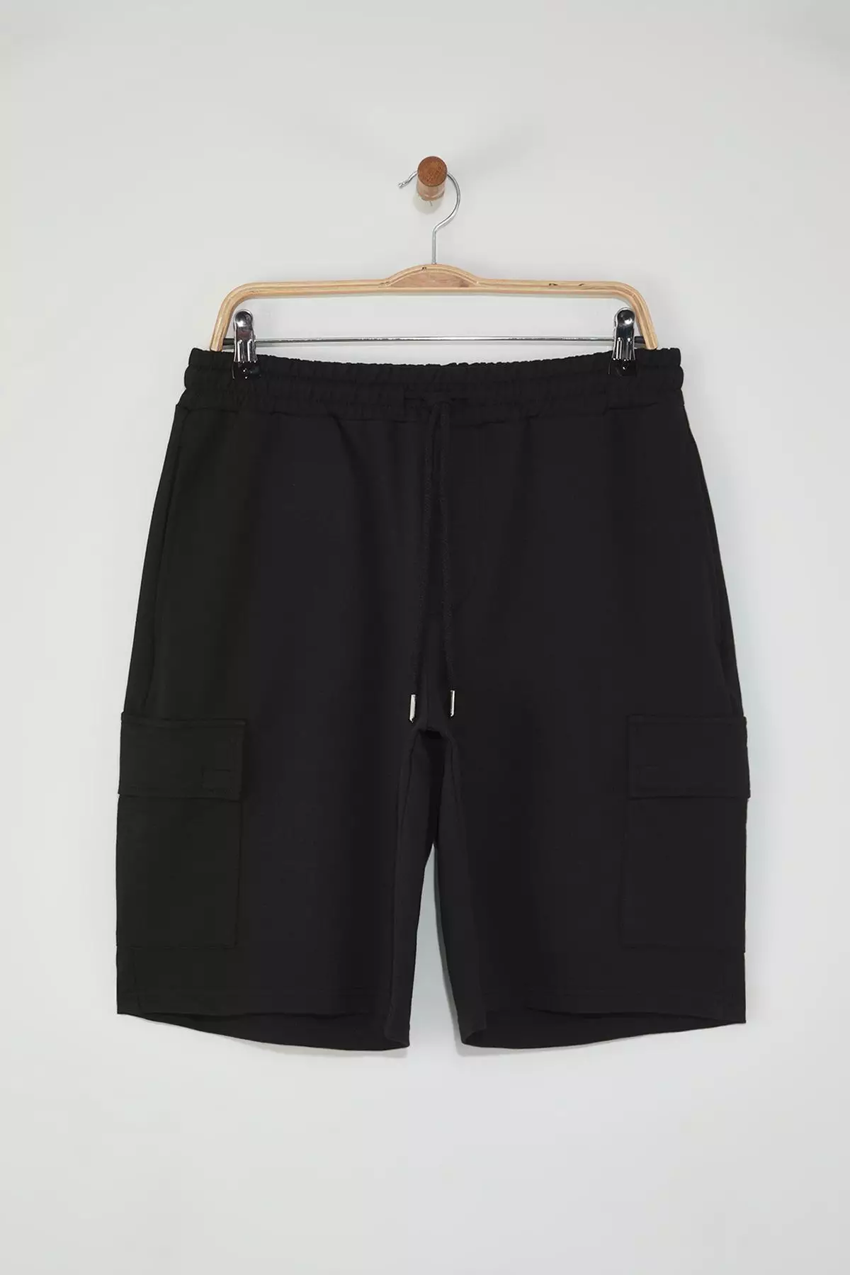 Black Oversize/Wide Cut Hidden Cord Elastic Waist Cargo Pocket Labeled Shorts TMNSS24SR00018