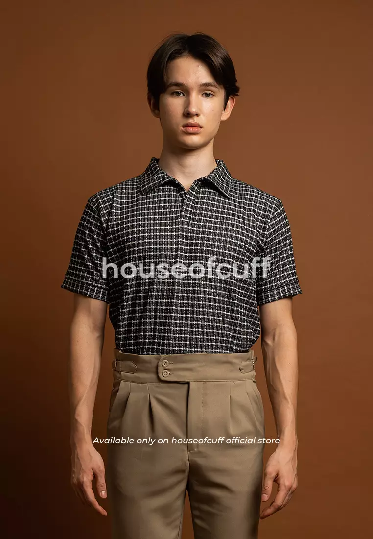 Houseofcuff Polo Shirt Knit Rajut Kaos Kerah Lengan Pendek Square Pattern Hitam