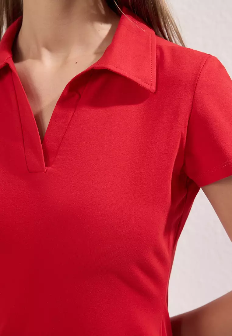 Polo Neck Skater/Waist Open Cotton Stretch Knit Midi Dress