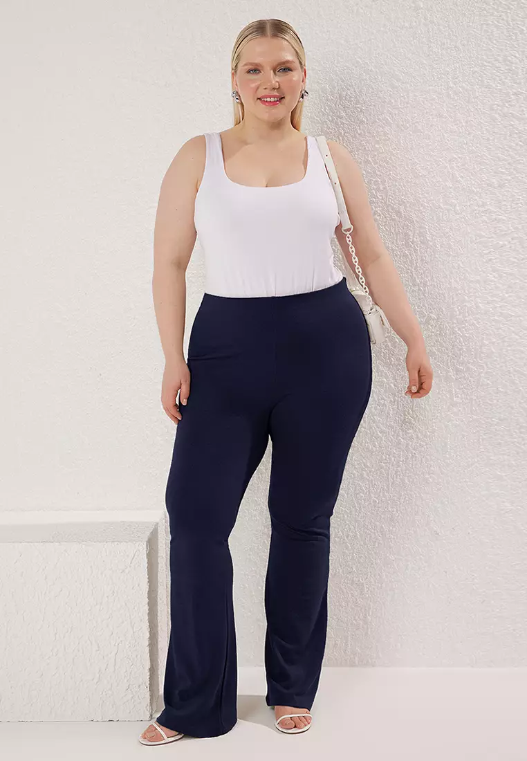 Navy Blue Slimming High Waist Flare/Flare Knitted Plus Size Trousers Tbbss24Ar00033