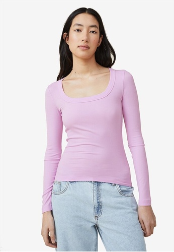 Cotton On pink Staple Rib Scoop Neck Long Sleeves Top 2321DAA104E617GS_1