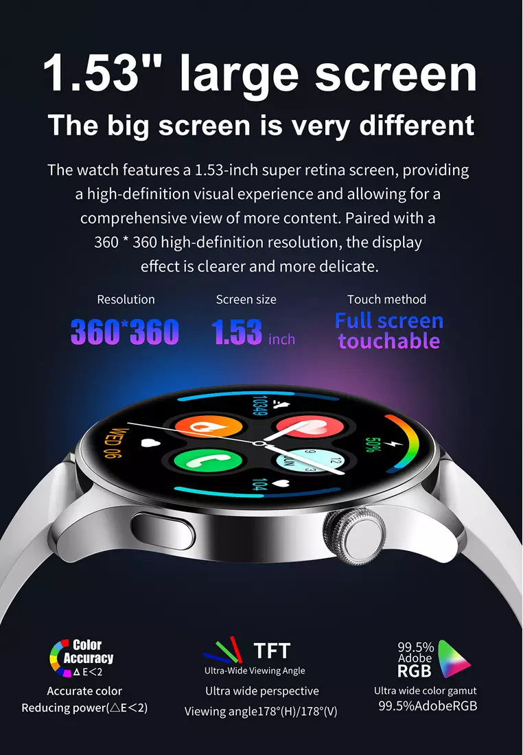 Smartwatch 1.53 inch TFT Screen Full Touch Jam Running Pria IP67 Waterproof 100+Sports Modes Bluetooth Call white