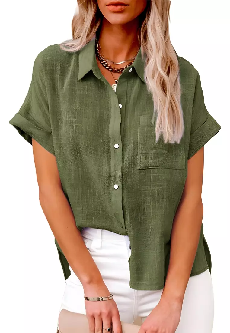New Top Cotton And Linen Pocket Short-Sleeved Shirt