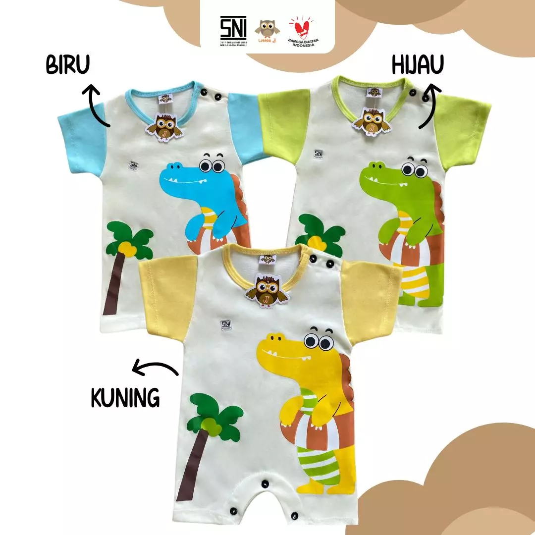 Little J - Romper Bayi Motif Dino Lucu Newborn 0-9 Bulan Baju Bayi Lengan Pendek Katun Adem Nyaman Setelan Bayi Kekinian