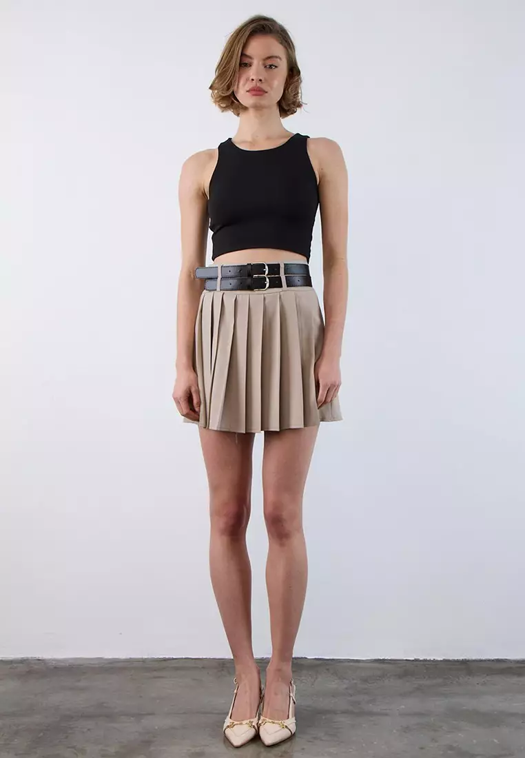 Stone Double Belted Pleated Mini Skirt