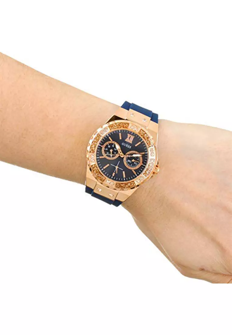 Guess W1053L1 - Jam Tangan Chronograph Wanita - Rosegold - Blue Rubber Strap