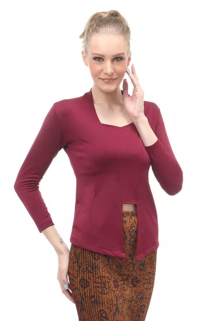 Kebaya Atasan Wanita Motif Solid Long Sleeves Slip On Style Design Casual Relaxed Fit - Maroon