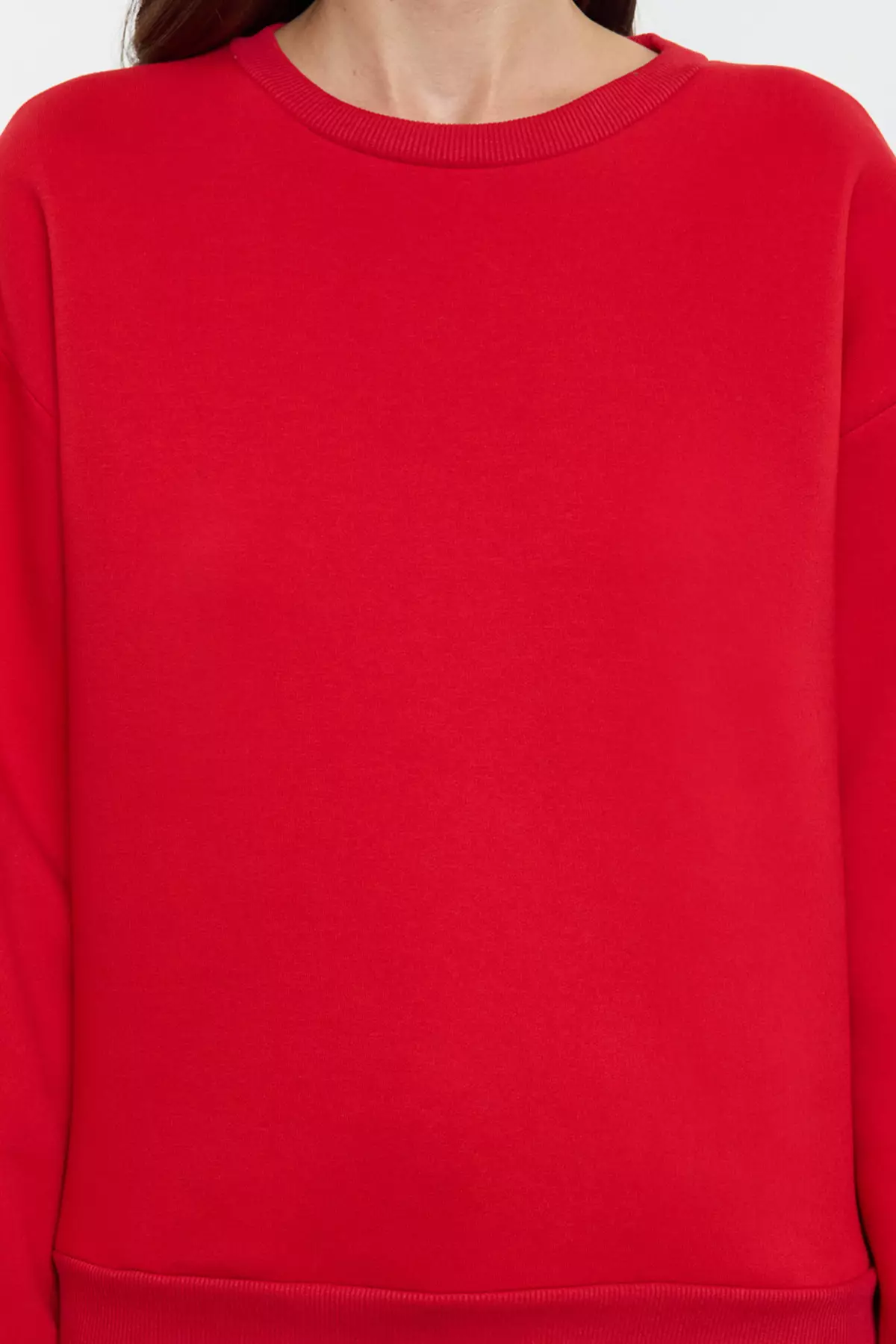 Red Thick Fleece Inside Regular/Normal Fit Crew Neck Basic Knitted Sweatshirt TWOAW24SW00101