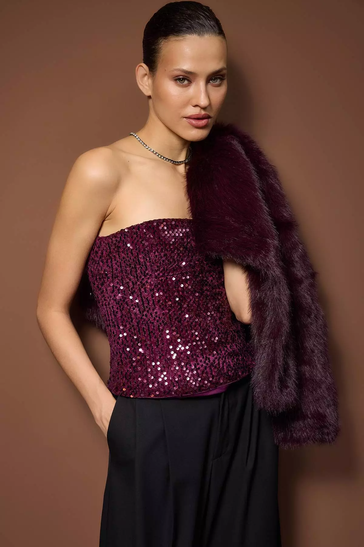 Plum Strapless Sequined Bodycon Party Blouse Tpraw26Bz59