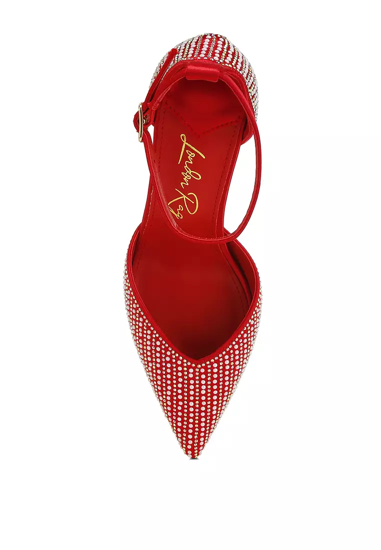 Pearls & Sequins Embellished Stiletto Sandals in Red
