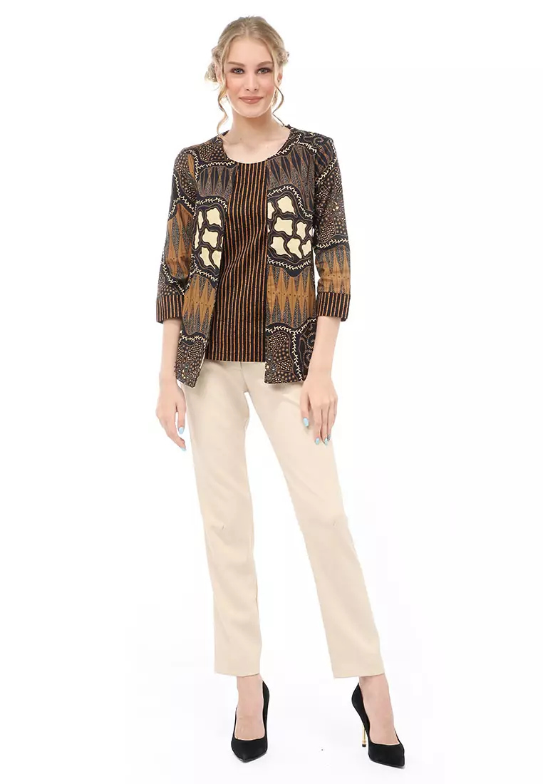 Lynelle Atasan Formal Wanita Blouse Batik Ali Lengan Panjang Material Cotton ORIGINAL - Brown