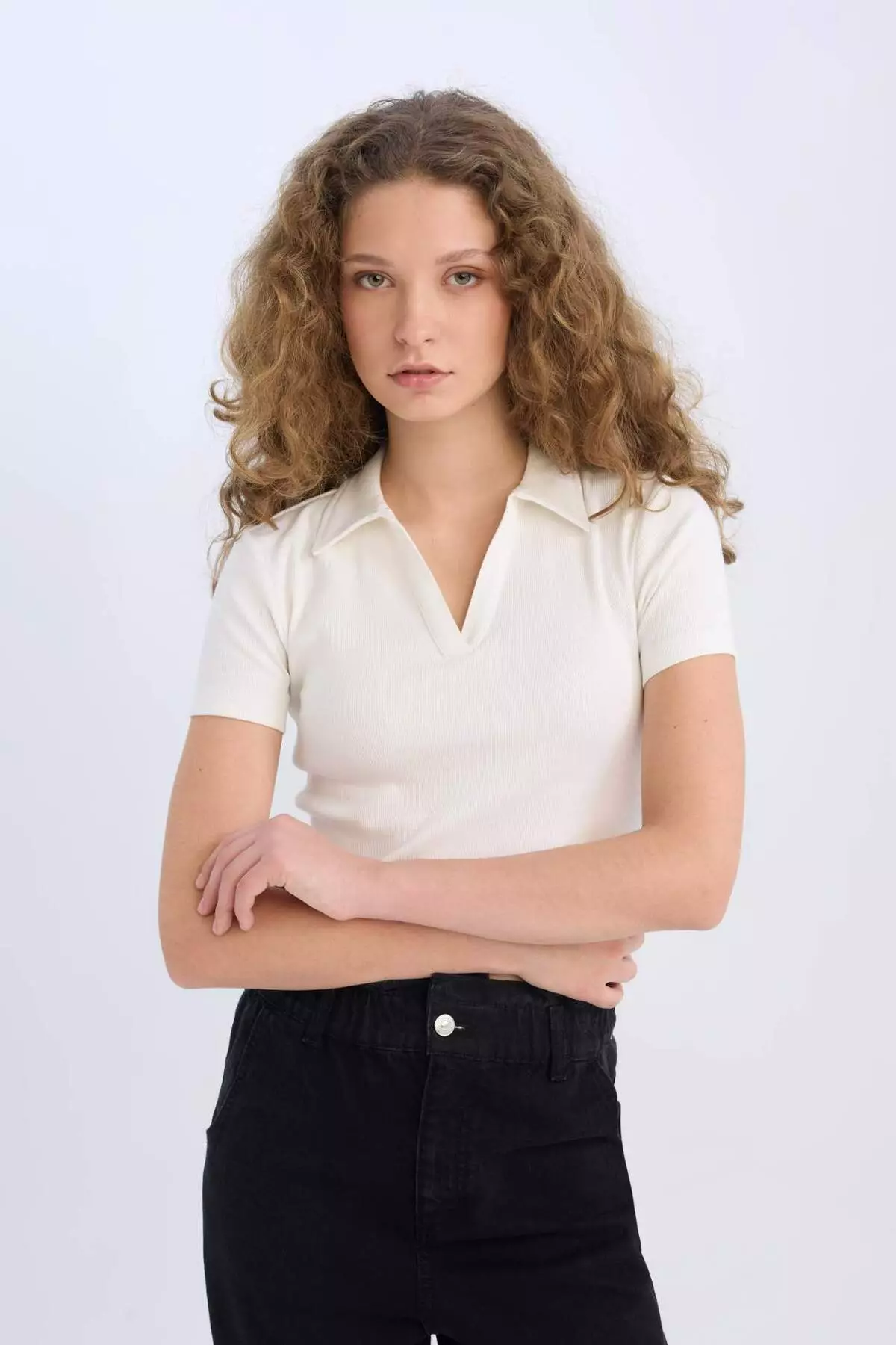 Fitted Polo Neck Basic Plain Ribbed Camisole Short Sleeve T-Shirt A0379Ax25Sm