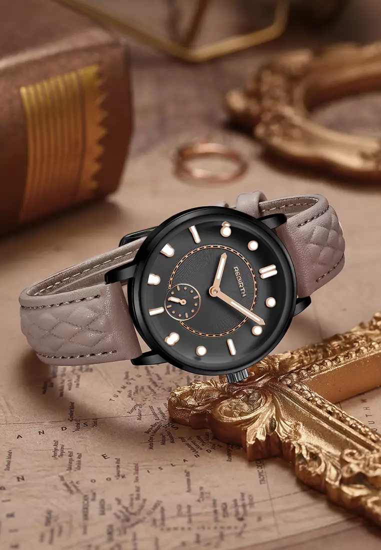 Jam Tangan Wanita Original Anggun Bercahaya Tali Kulit Mode Jam Tangan Cewek khakiblack