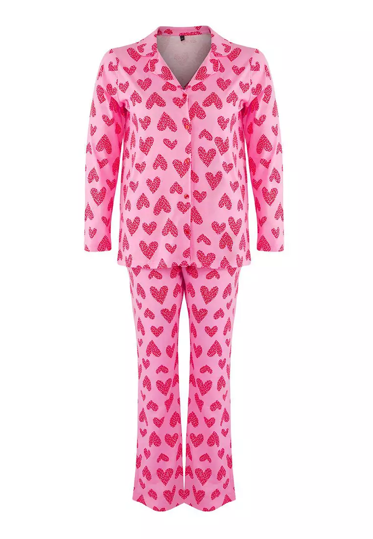 Pink 100% Cotton Heart & Leopard Patterned Shirt-Pants Knitted Pajama Set Tbbaw26Ai00017