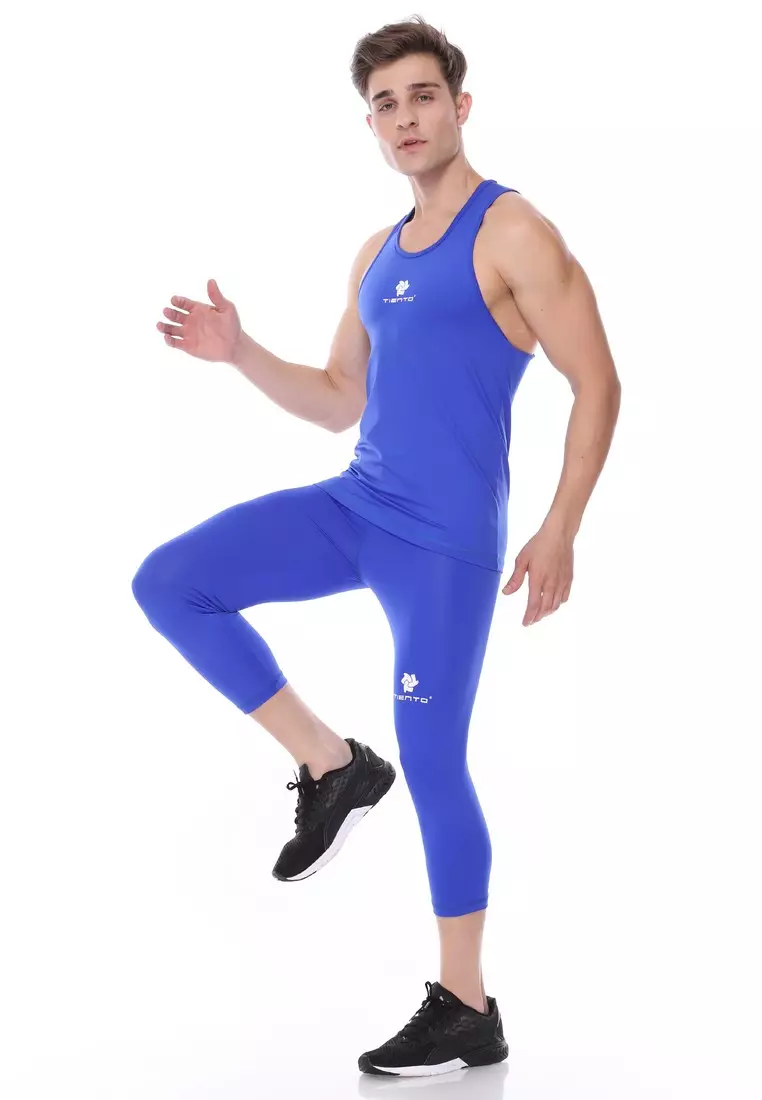 Tiento Man Baselayer Singlet Blue Sport Pria Olahraga Renang Senam Zumba Yoga Lari Running Jogging Gym Fitness