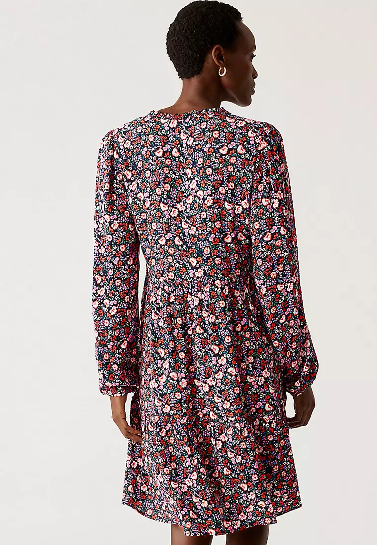 Printed Tie Neck Tiered Dress