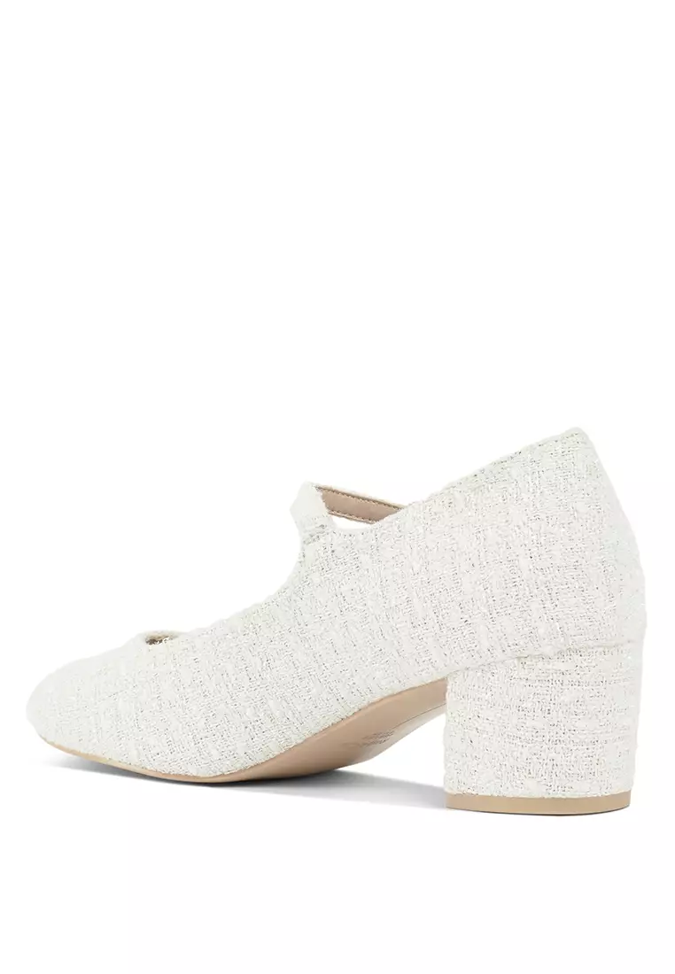 Sandal Tweed Mary Jane Warna Putih