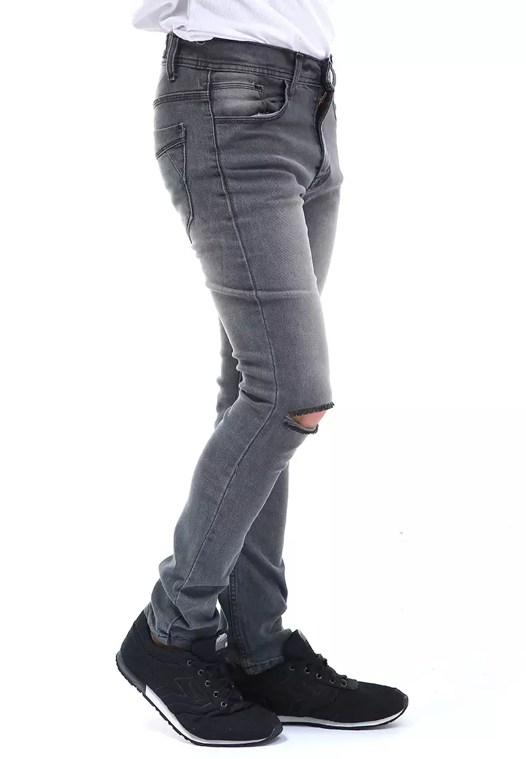 Locko Celana Panjang Pria Ripped Long Pants Casual Material Jeans ORIGINAL - Dark Grey