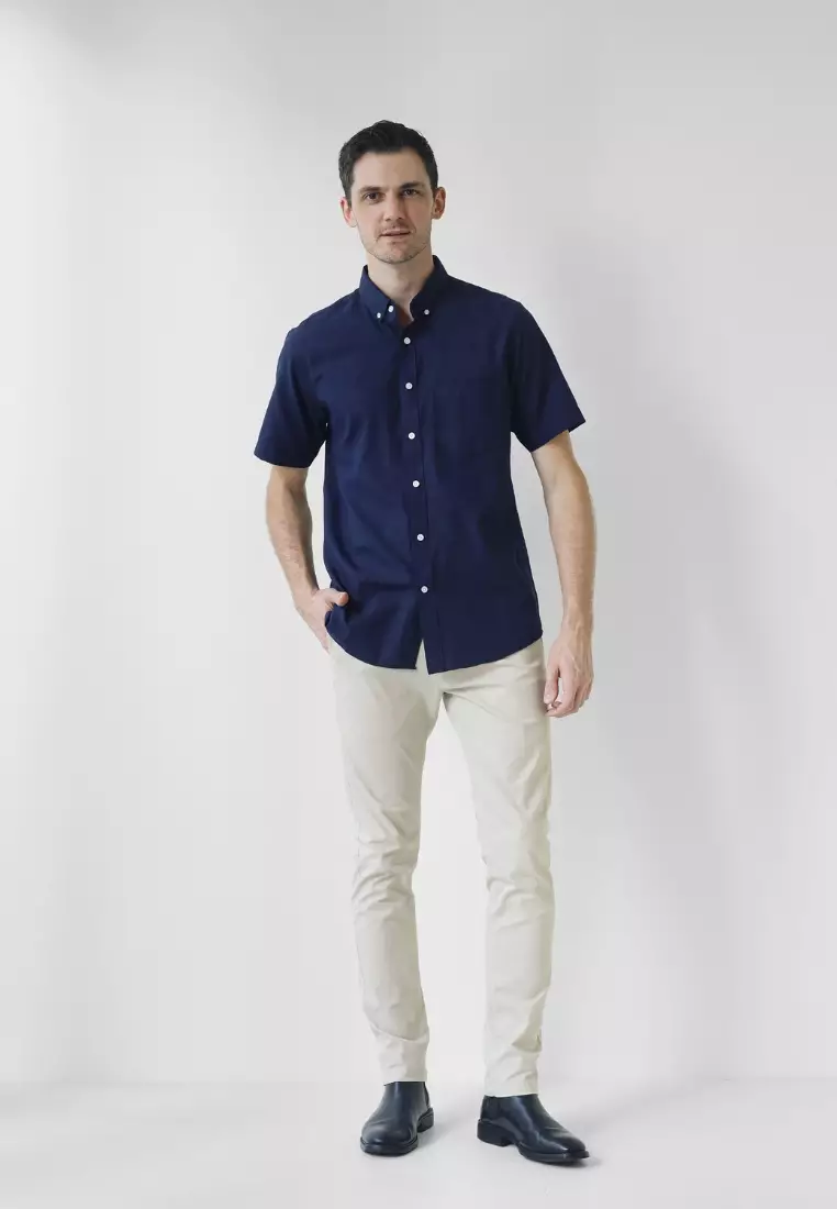 Cotton Well Ben Short Sleeve Oxford Shirt Navy | Kemeja Pria Lengan Pendek Basic Polos  Biru Dongker Nevi