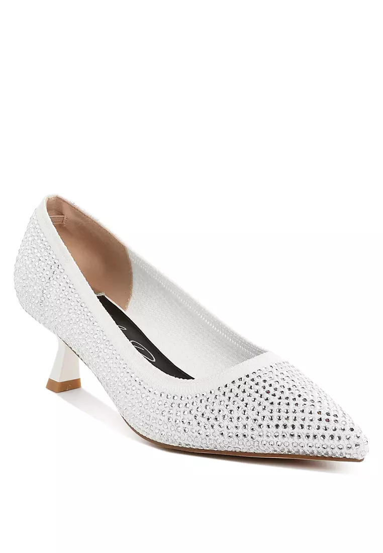 Sepatu Pumps Flyknit Rhinestone Bernapas dalam Warna Putih