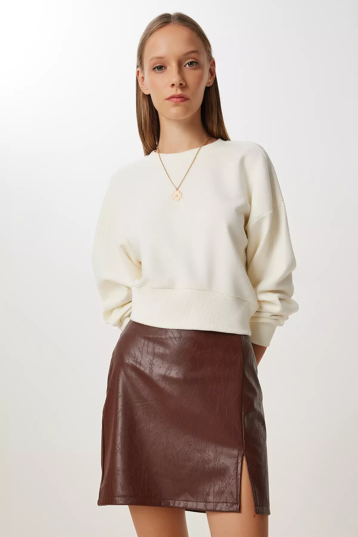 Women's Brown Patterned Slit Mini Faux Leather Skirt Gp00028