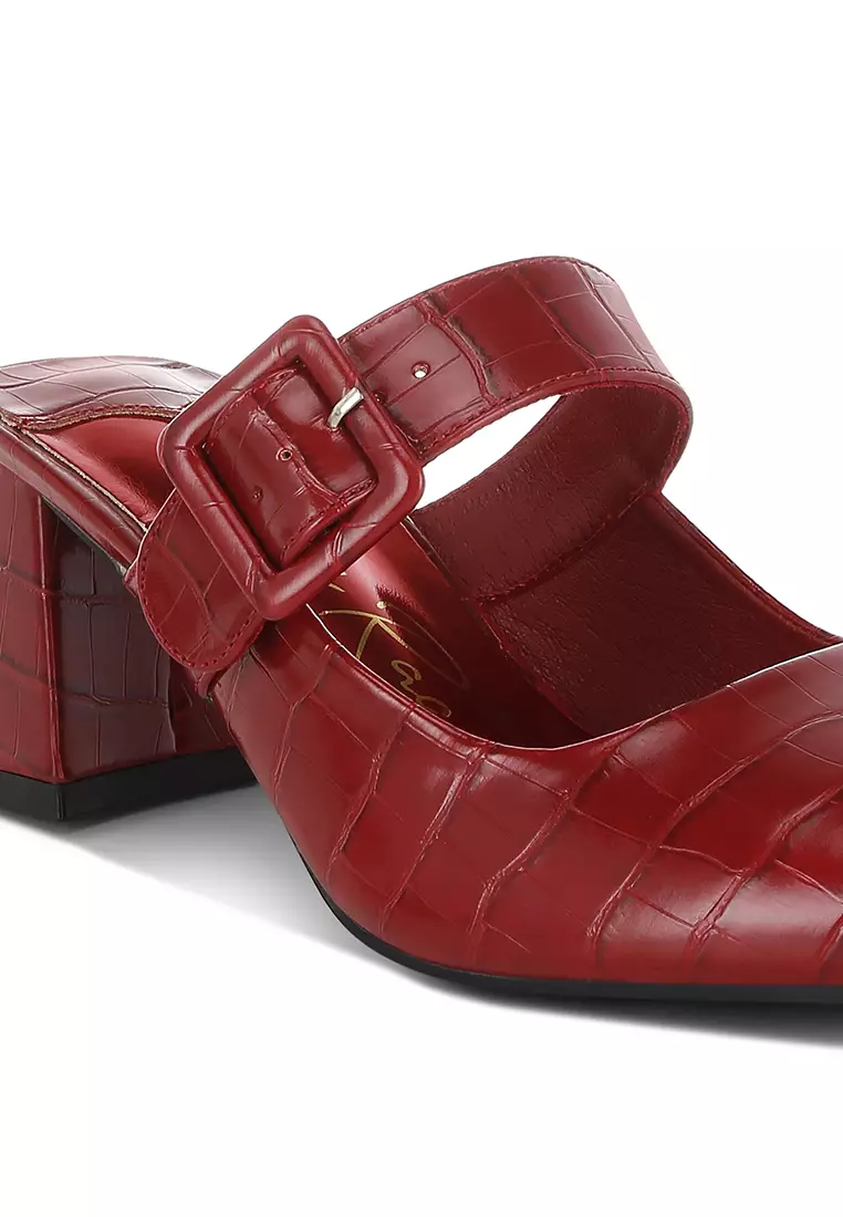 Croco Buckle Strap Detail Mules In Dark Red