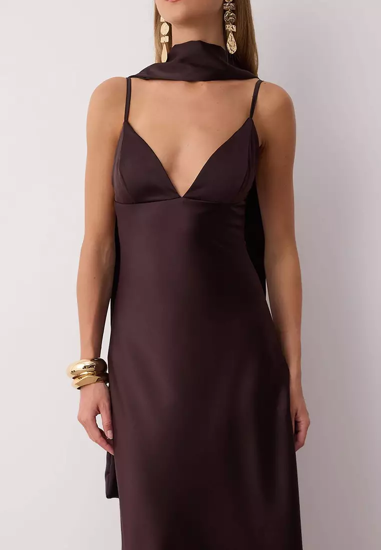 Brown Shawl Detailed Satin Woven Maxi Evening Night Graduation Dress