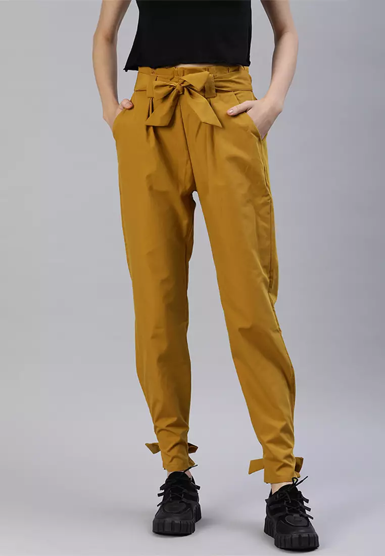 Yellow Waist Tie Pleated Trousers