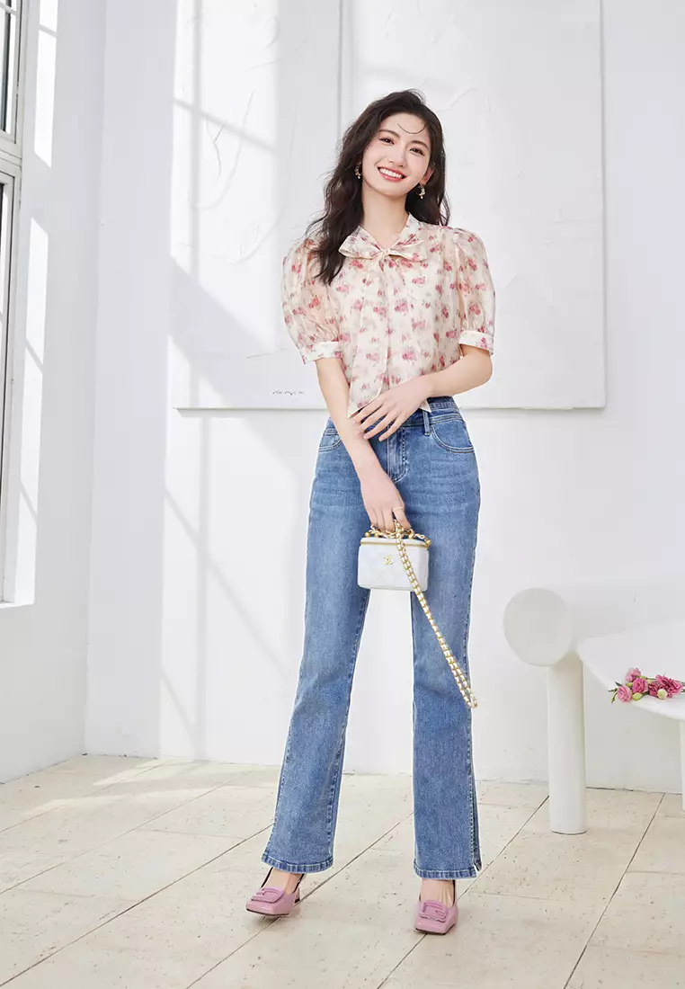 Puff Sleeve Mandarin Collar Floral Top with Front Ribbon Tie