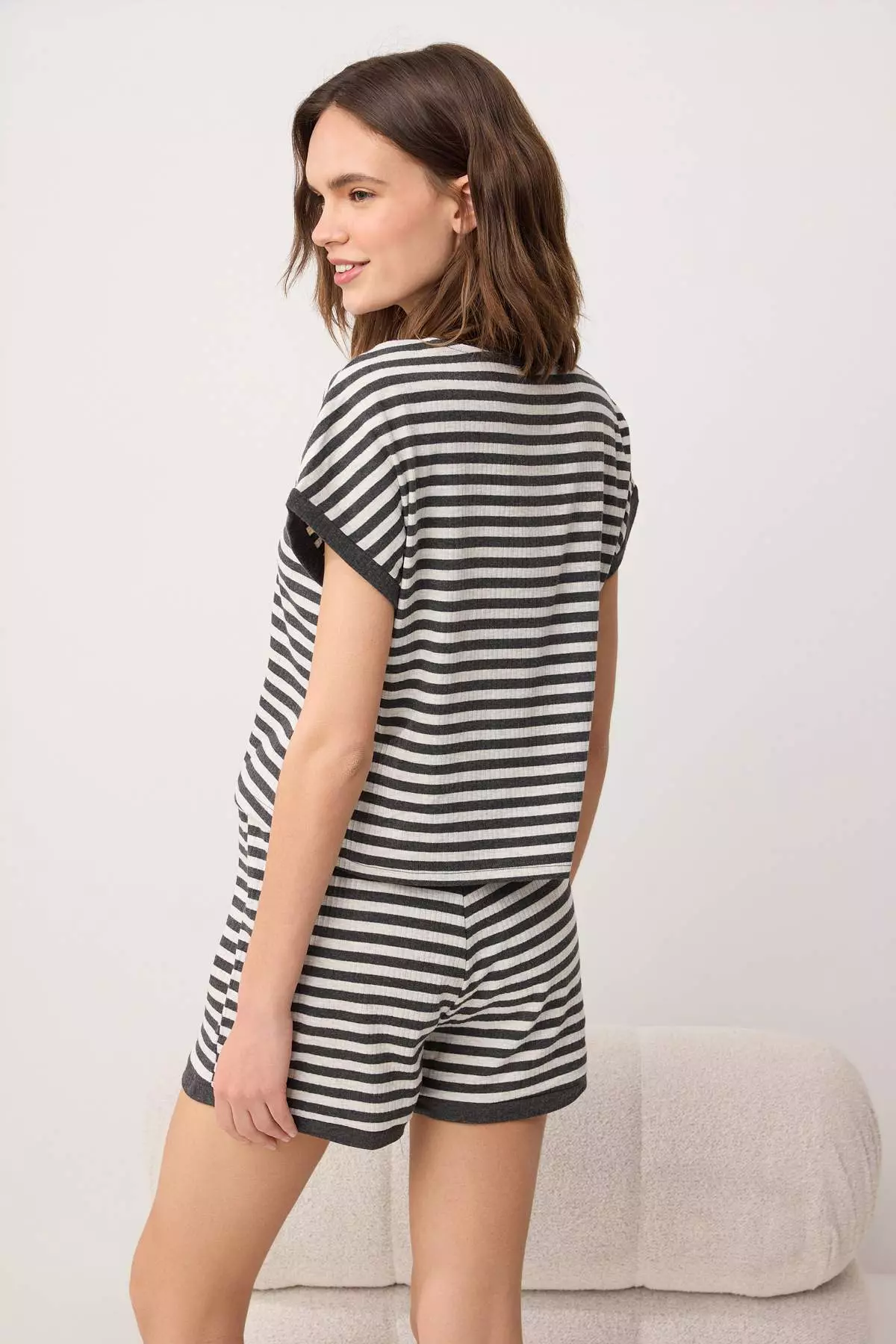 Anthracite Melange Striped Cuffed Ribbed Knitted Pajama Set Thmss26Pt224