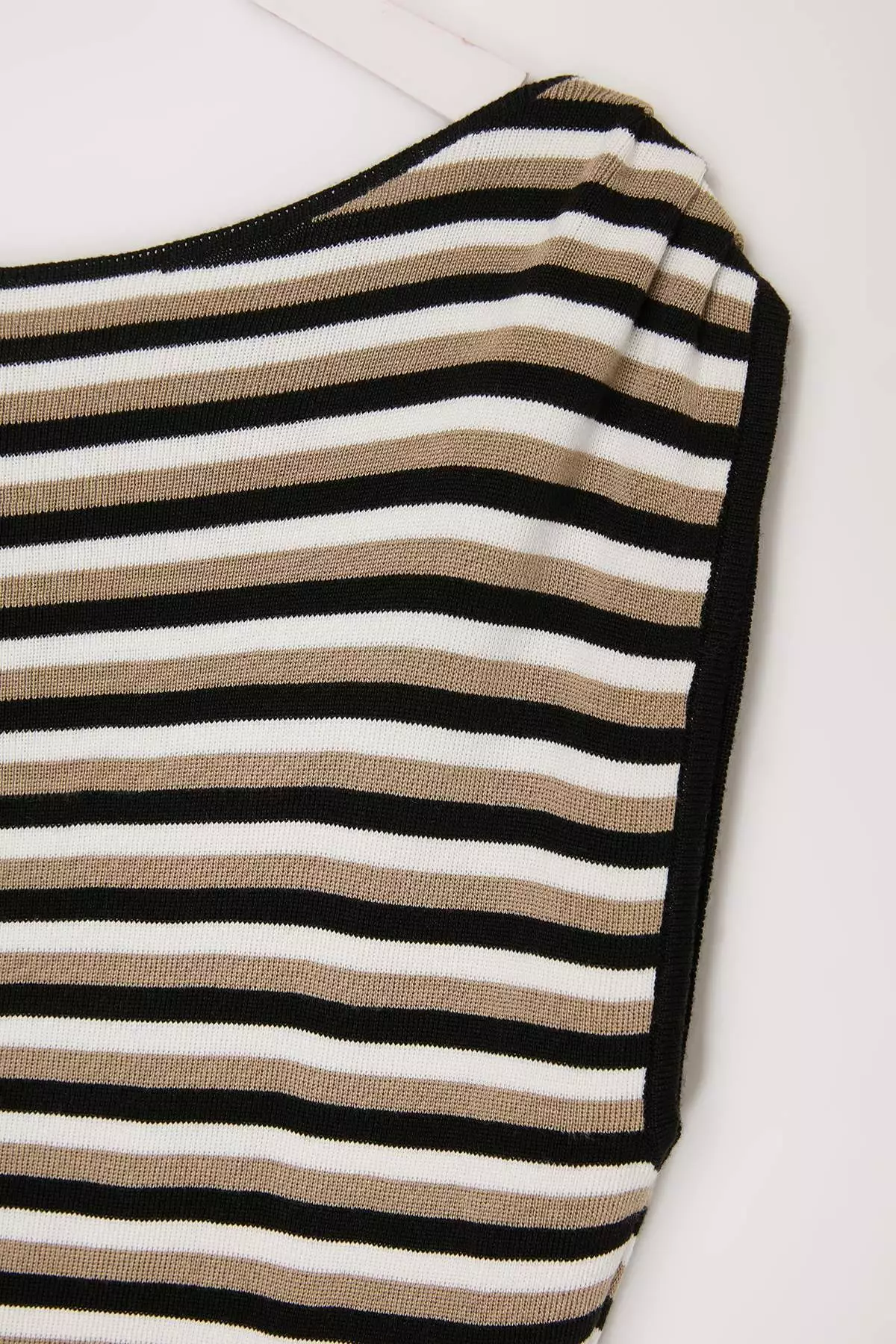 Black Striped Summer Special Yarn Boat Neck Waist Fitted Knitwear Blouse Twoss26Bz00313